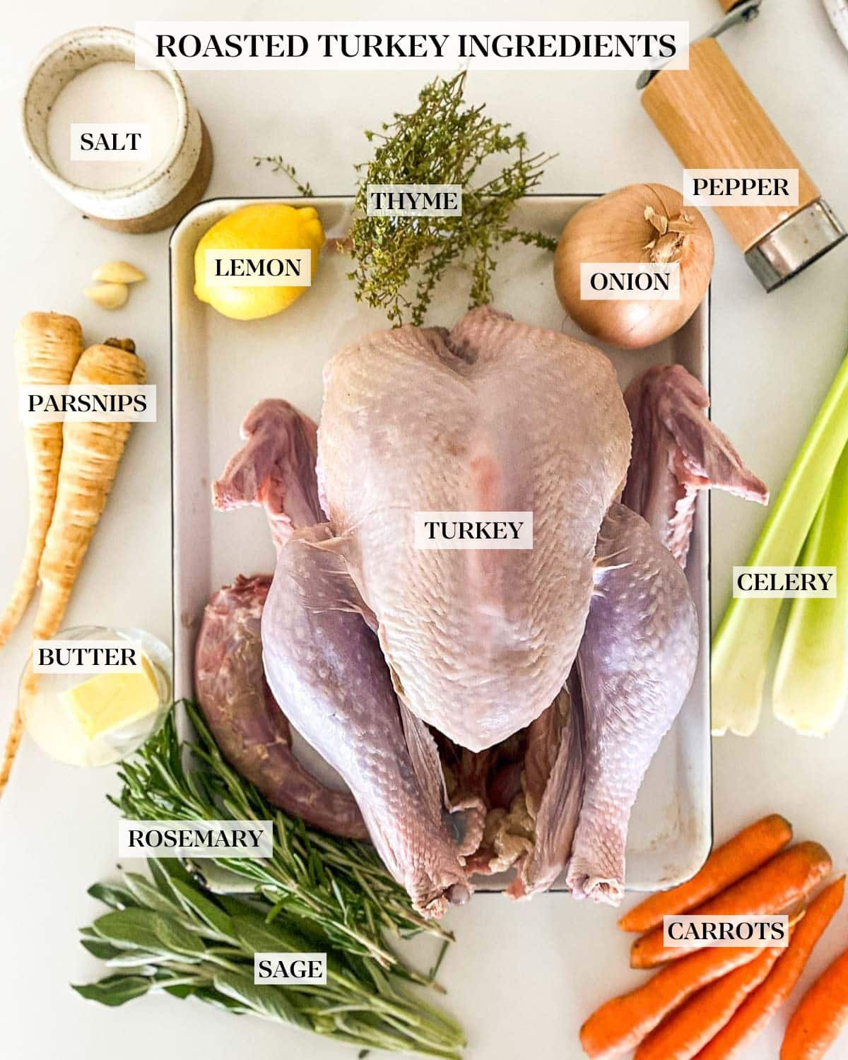 ingredients for roast turkey - turkey, onion, lemon, herbs, vegetables, garlic, butter, salt, and pepper. 
