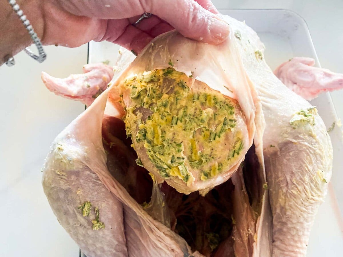 hand lifting up the turkey skin to see rubbed butter underneath. 
