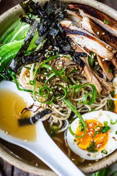 homemade chicken ramen noodles in a bowl.