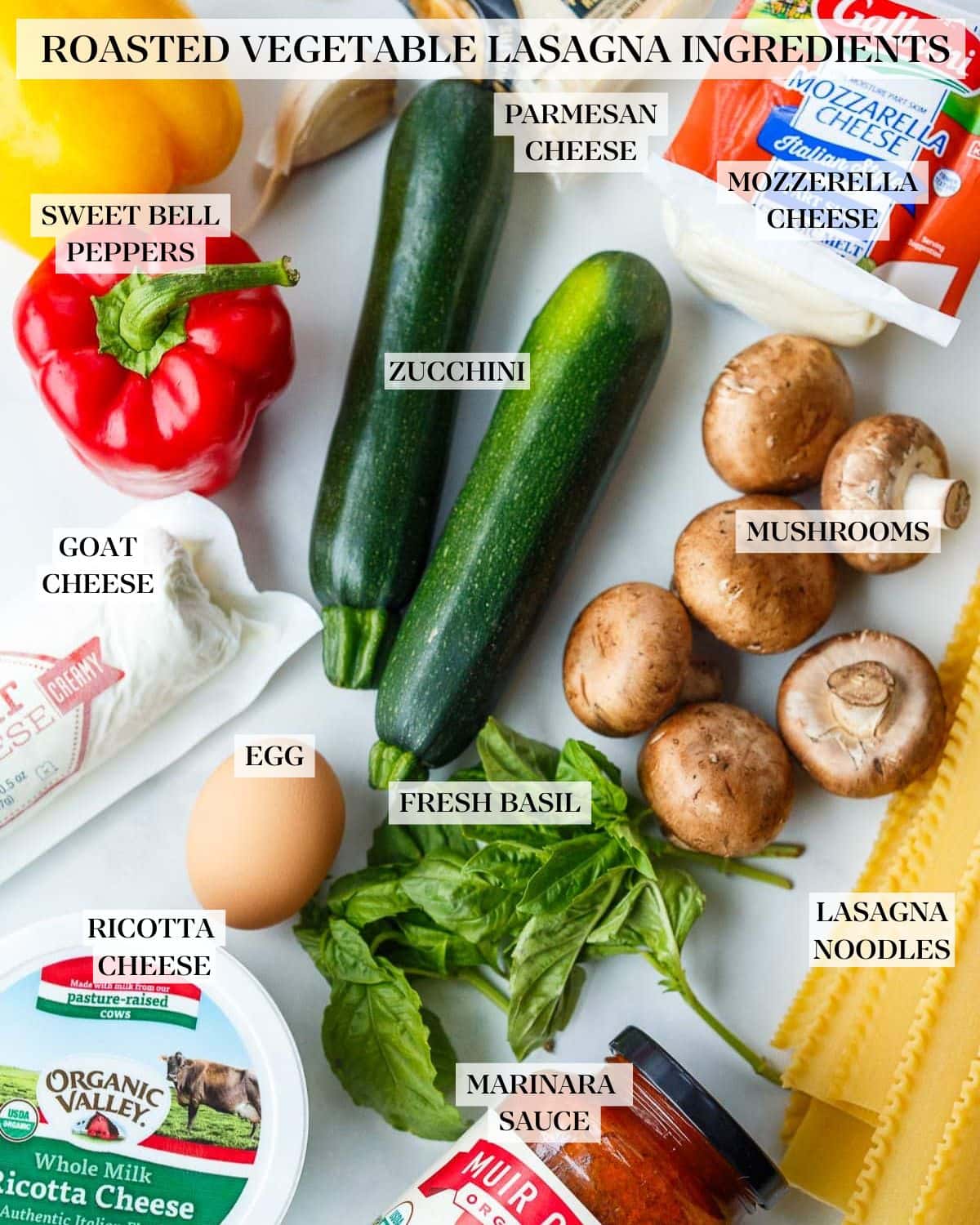 Ingredients laid out for vegetable lasagna. 