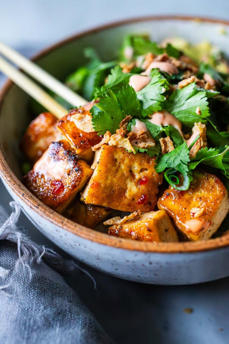 This vegan Tofu Bowl is full of protein and bursting with flavor! Made with sushi rice, edamame, cucumber, avocado, and our sticky glazed tofu, topped with crispy onions and cilantro, drizzled with vegan yum yum sauce! Gluten-free.