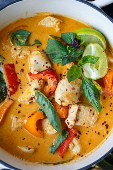 Rich and delicious homemade Panang Curry is made with tender chicken and sweet bell peppers in a creamy coconut curry sauce.
