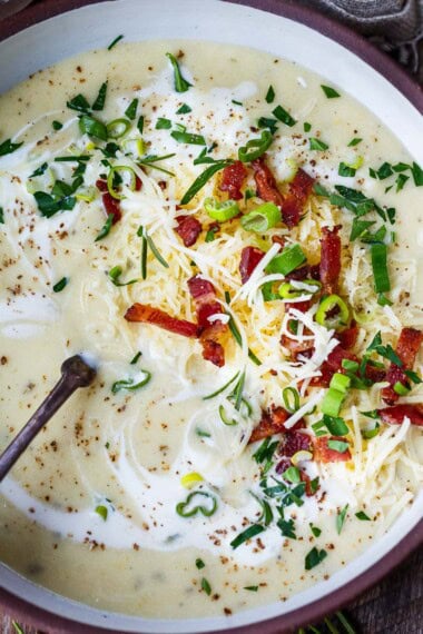 This creamy potato soup is loaded with classic baked potato flavors. A simple, satisfying bowl of comfort food, the whole family will love. Vegan-adaptable and gluten-free.