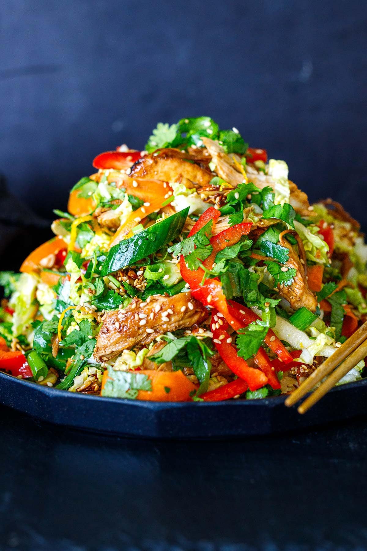 Chinese Chicken salad on a plate with chopsticks