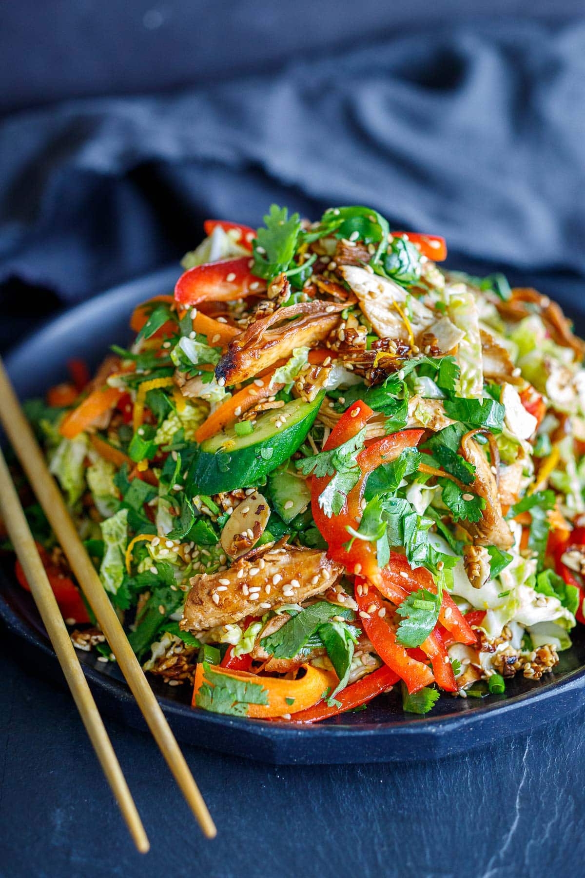 Chinese Chicken salad on a plate with chopsticks
