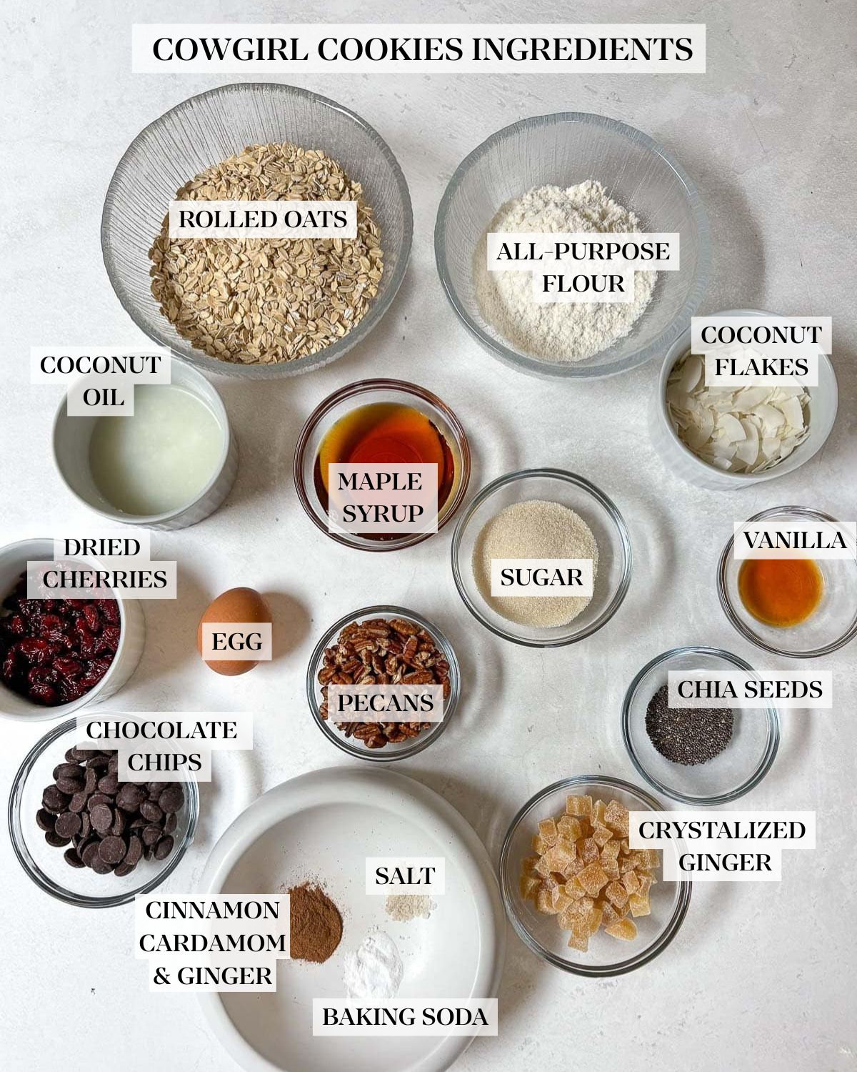 ingredients for cowgirl cookies arranged neatly in bowls. 