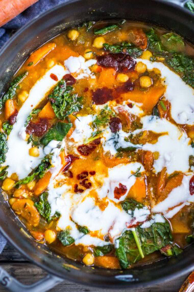 A simple, healthy Tunisian Chickpea Stew with carrots and their tops, kale and a "quick harissa" sauce-  hearty and delicious, perfect for cozy nights. Gluten-free and vegan-adaptable. Video!