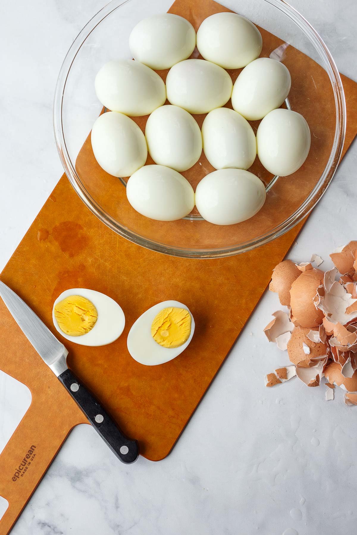peeling and slicing deviled eggs