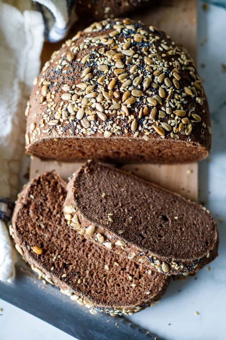 This delicious gluten-free bread recipe is so easy! Tastes like rye bread, made with teff flour, without eggs, rice, starch, or gums. Vegan!