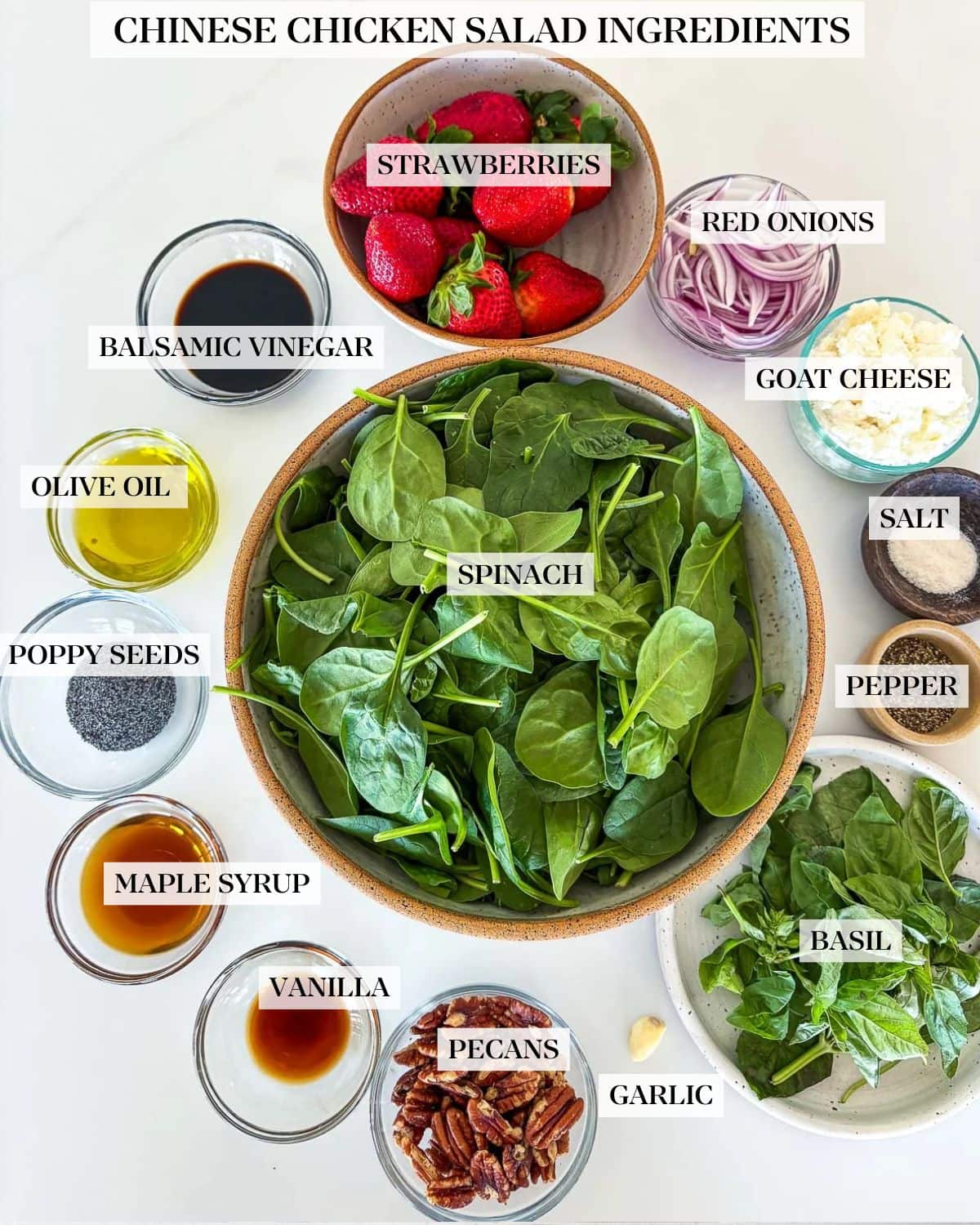 strawberry and spinach salad ingredients arranged in bowls - spinach, basil, pepper, salt, goat cheese, red onion slices, strawberries, balsamic, oil, poppyseeds, maple syrup, vanilla, pecans, and garlic clove.