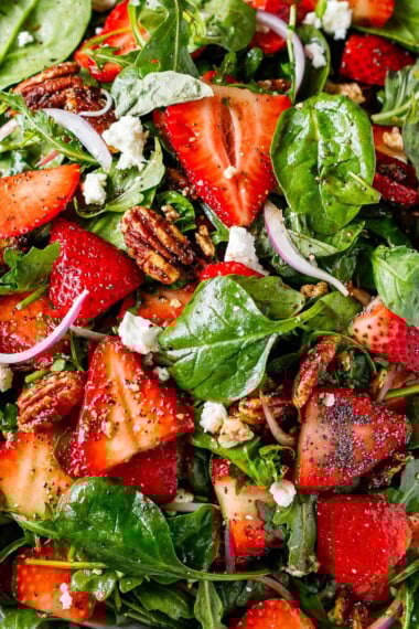 This Strawberry Spinach Salad with vanilla balsamic poppy seed dressing, pecan brittle, basil, and goat cheese is healthy, delicious, and such a crowd pleaser! 