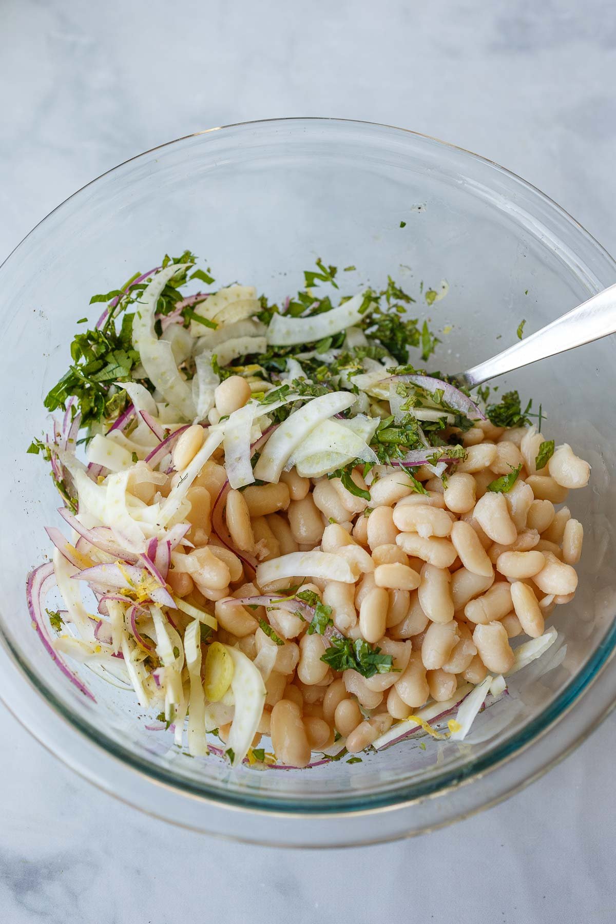 glass mixing bowl with white bean salad ingredients before being mixed together - sliced fennel and red onion, minced herbs, lemon zest, and cannellini beans. 