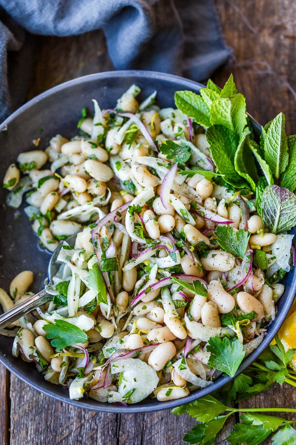 white bean salad with fresh herbs, red onion, fennel, and lemon zest.