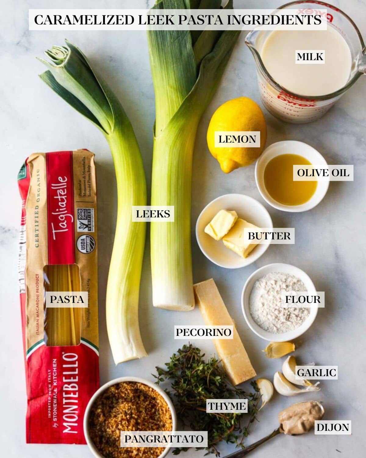 ingredients labeled and arranged to make caramelized leek pasta - milk, lemon, olive oil, butter, flour, pecorino, garlic, dijon, thyme, pangrattato, pasta, leeks.