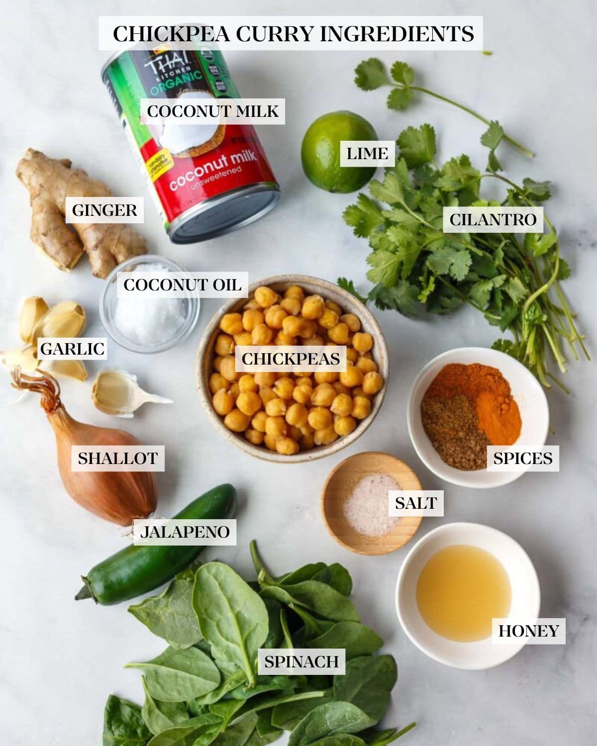 chickpea curry ingredients arranged neatly and labeled - coconut milk, lime, cilantro, spices, salt, honey, spinach, jalapeno, shallot, garlic, chickpeas, coconut oil, ginger.