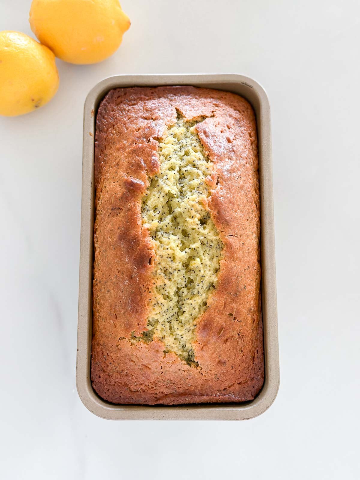 baked lemon poppy seed cake in loaf pan cooling.