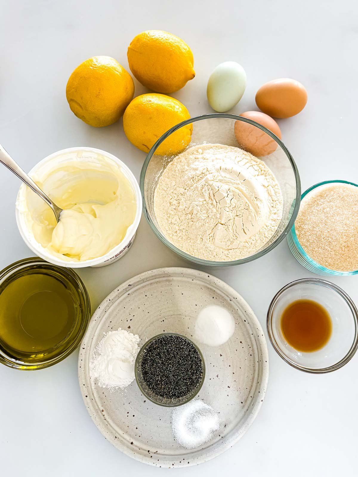 ingredients for lemon poppy seed cake - lemons, eggs, Greek yogurt, flour, sugar, olive oil, vanilla, poppy seeds, baking powder, baking soda, salt, arranged neatly in bowls.