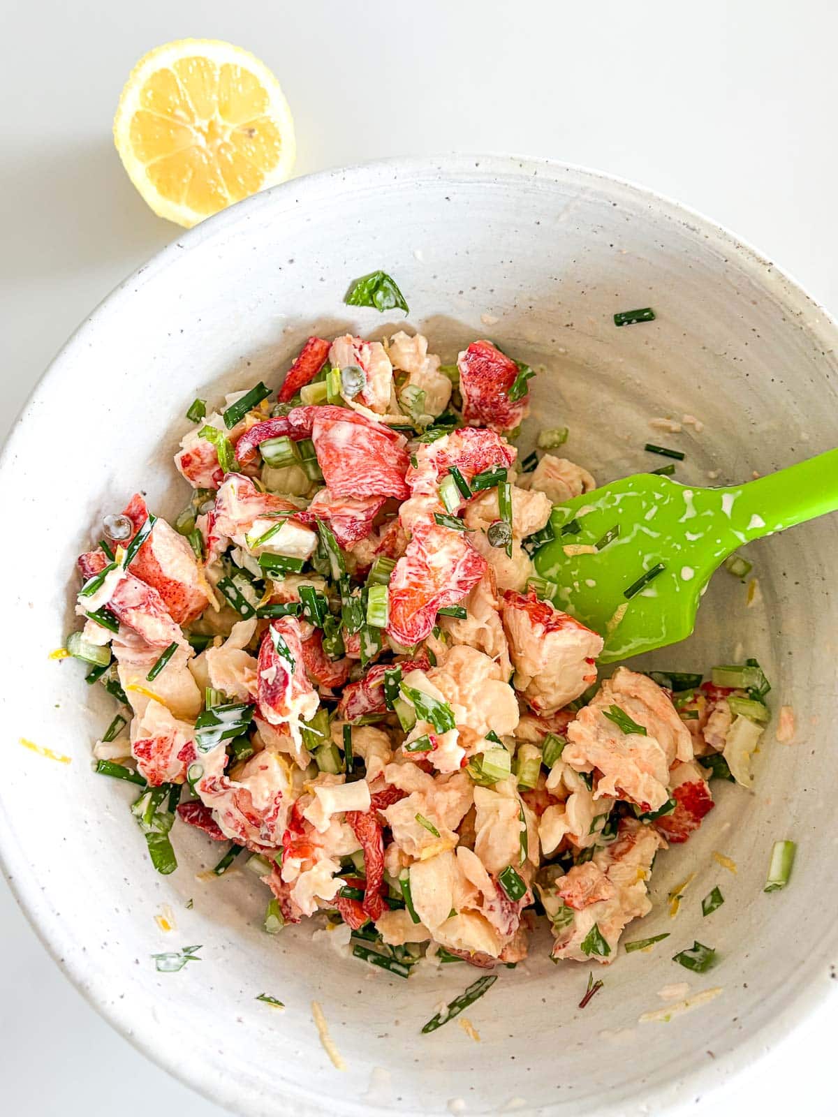mixing bowl with lobster rolls filling.