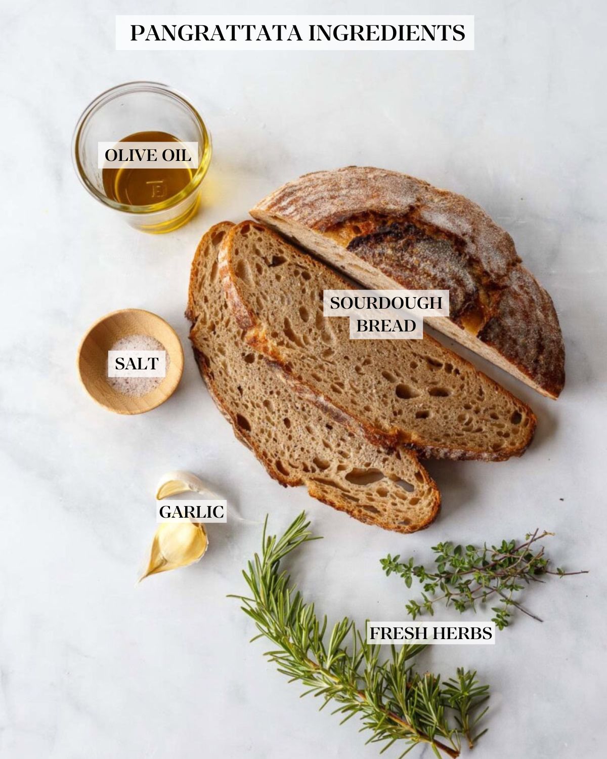 ingredients on marble counter to make pangrattato - olive oil, salt, sourdough bread, garlic, rosemary, thyme.