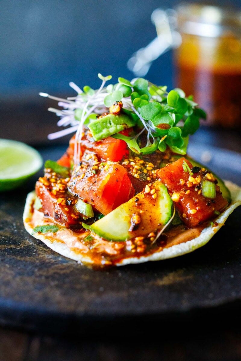 These ahi tuna tostadas are bursting with Mexican flavor! Easy to make in 30 minutes, they make a great appetizer or light meal. Gluten-free.