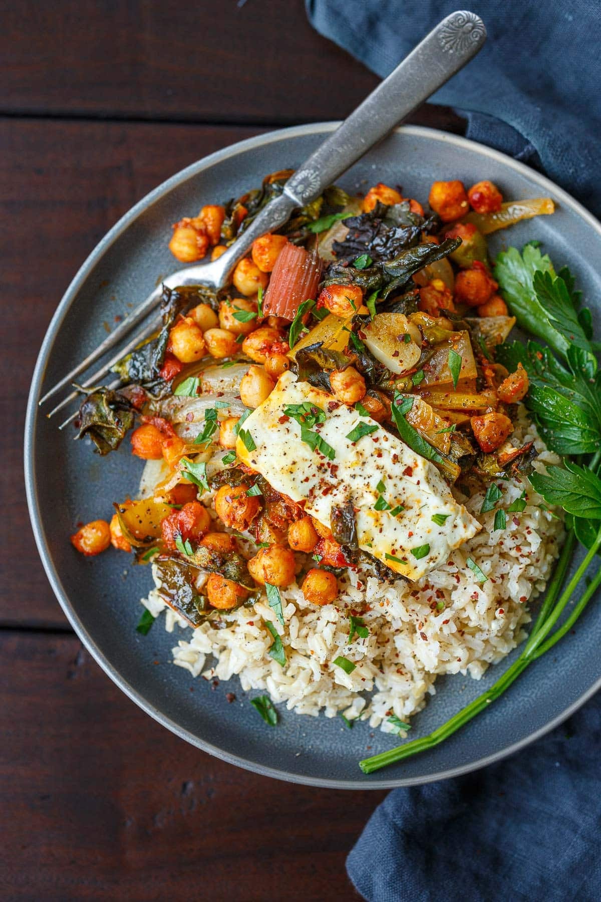 Sheet pan baked feta, swiss chard and harissa chickpeas