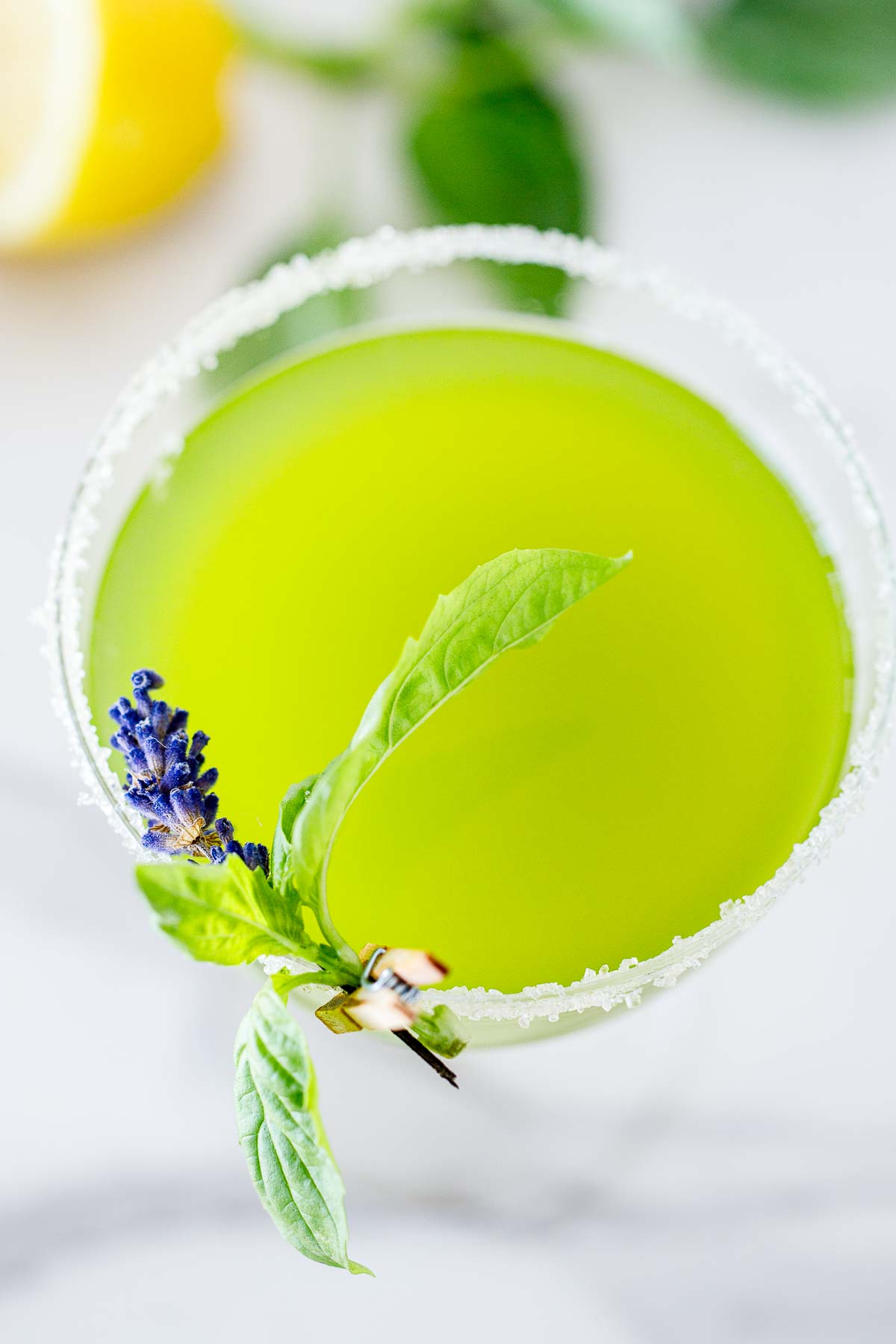 basil variation of the bee's knees in a sugar-rimmed coupe glass garnished with basil and lavender attached with a clothespin.