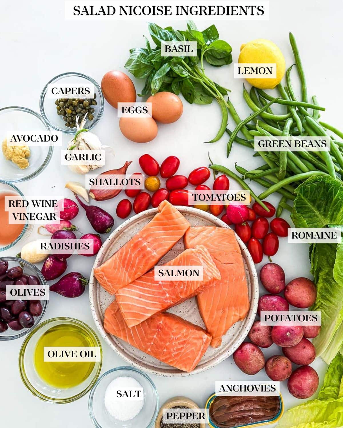ingredients arranged to make nicoise salad - basil, lemon, green beans, lettuce, cherry tomatoes, baby potatoes, anchovies, pepper, salt, olive oil, olives, red wine vinegar, radishes, dijon, capers, garlic, shallot, eggs, all surrounding a plate of salmon filets.