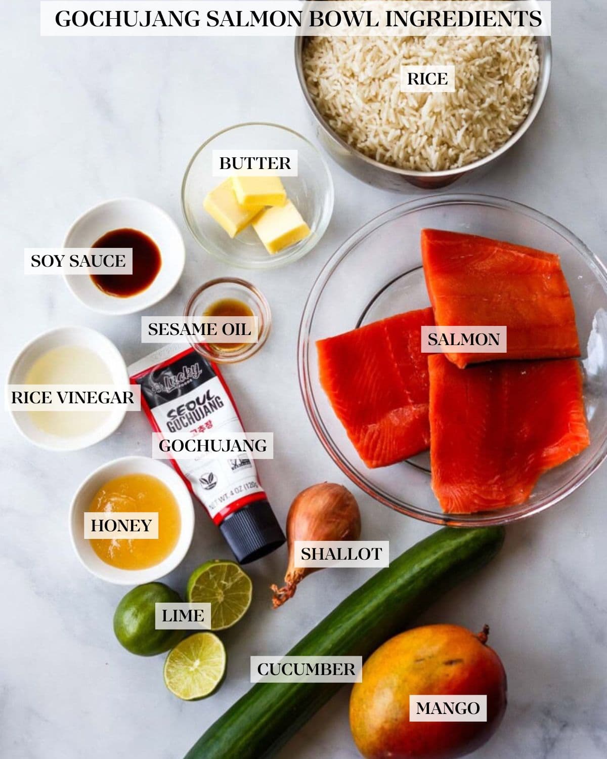 Ingredients for Asian Salmon Bowl laid out on a counter top.