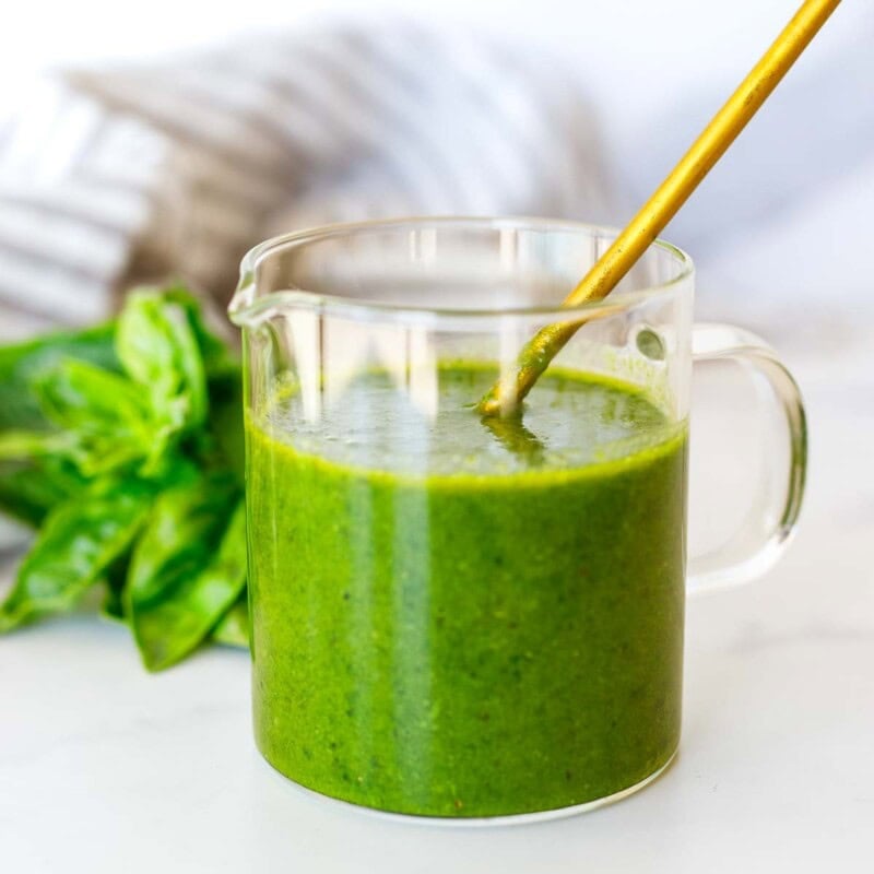 Bright, bold, and beautiful, this Basil Vinaigrette is a summertime favorite! Make it in under 5 minutes, using your blender.