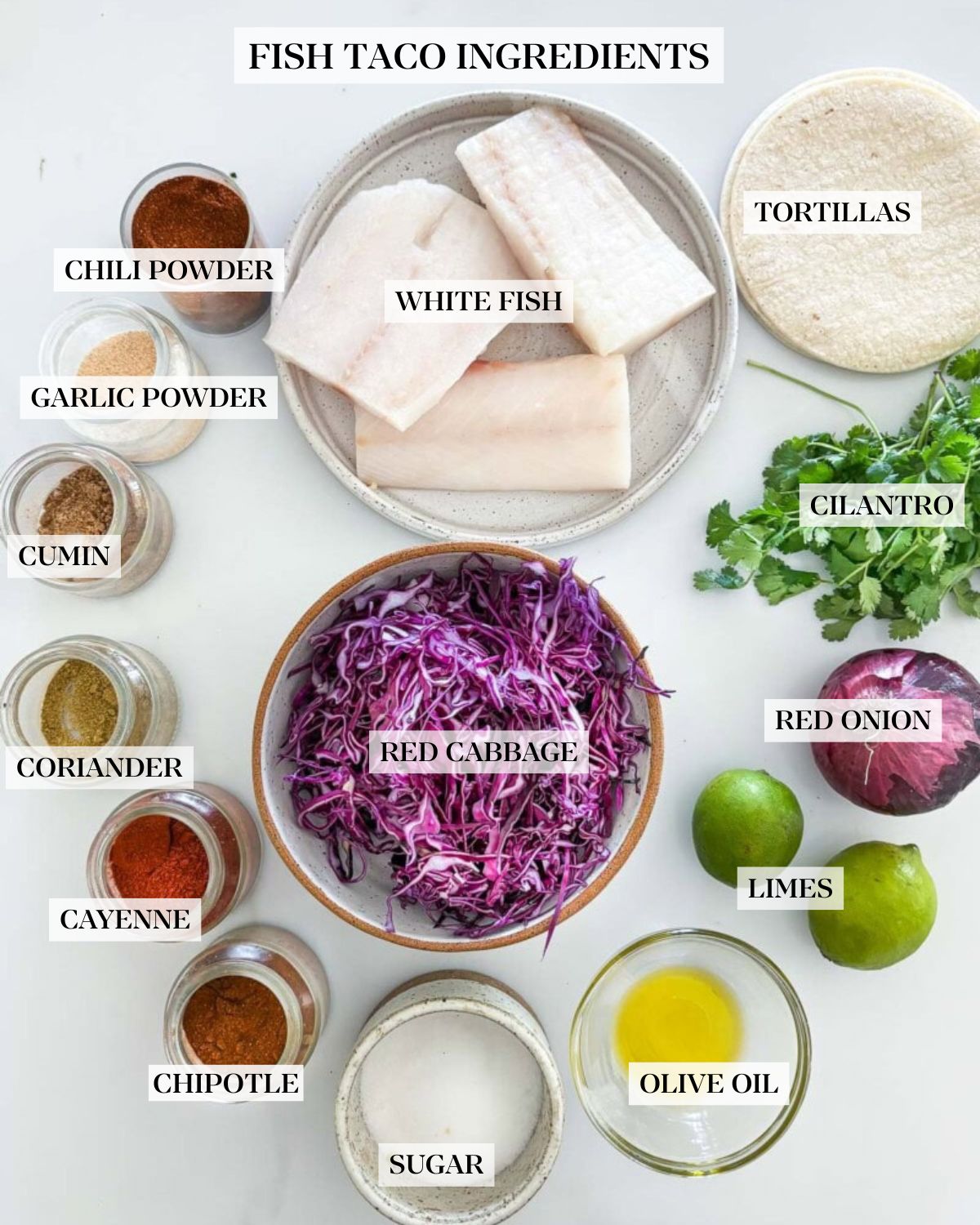 fish taco recipe ingredients laid out on a counter. 