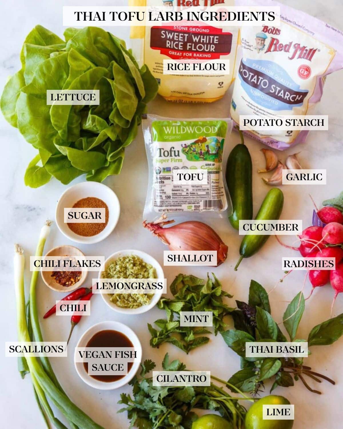 Thai tofu larb ingredients labeled and arranged neatly on countertop- lettuce, rice flour, potato starch, tofu, cucumber, garlic, radishes, shallot, Thai basil, mint, lime, cilantro, scallions, chili, and sugar, chili flakes, lemongrass, and vegan fish sauce in bowls. 