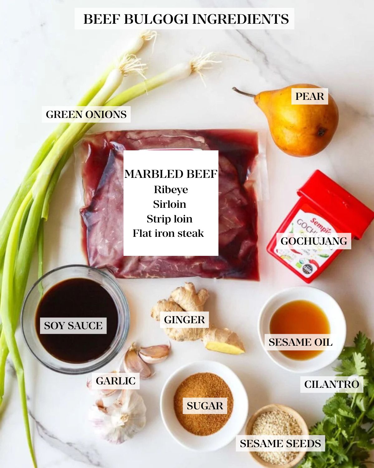 beef bulgogi ingredients labeled and neatly arranged - green onions, steak, pear, gochujang, soy sauce, ginger, sesame oil, garlic, sugar, sesame seeds, cilantro. 