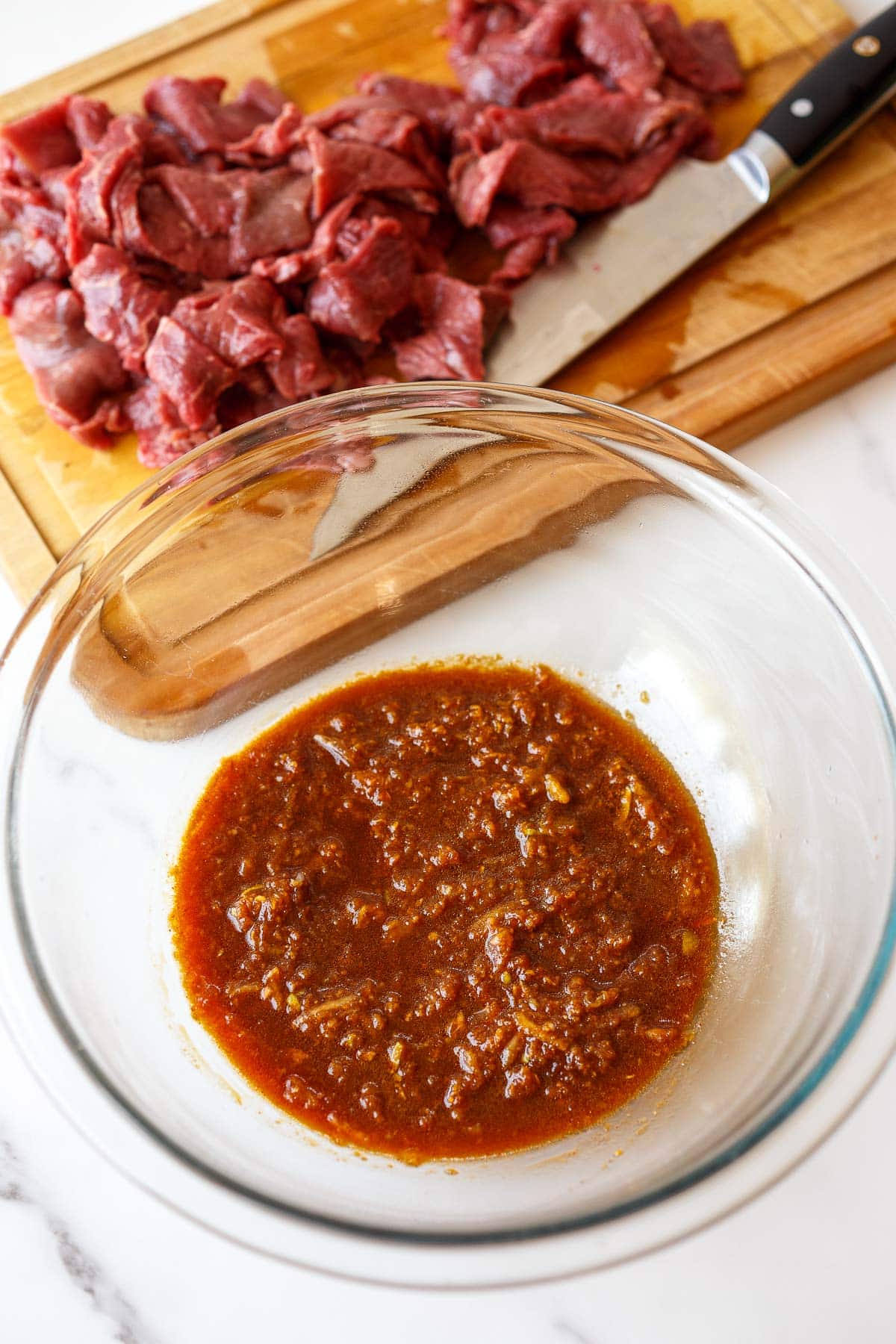 beef bulgogi marinade mixed in glass bowl. 