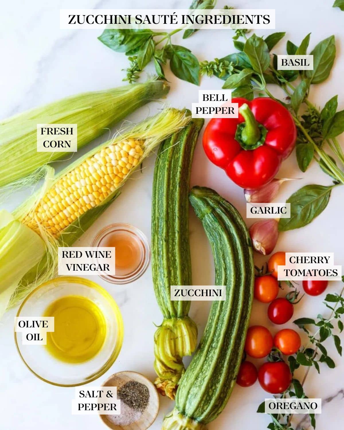 fresh summer produce to make sautéed zucchini - ears of corn, basil, red bell pepper, garlic zucchini, cherry tomatoes, vinegar, olive oil, and salt and pepper.