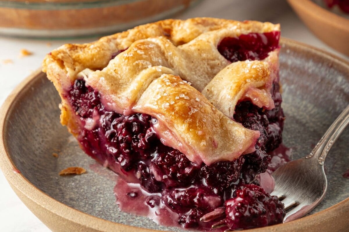 A piece of Blackberry pie in a dish with a fork.