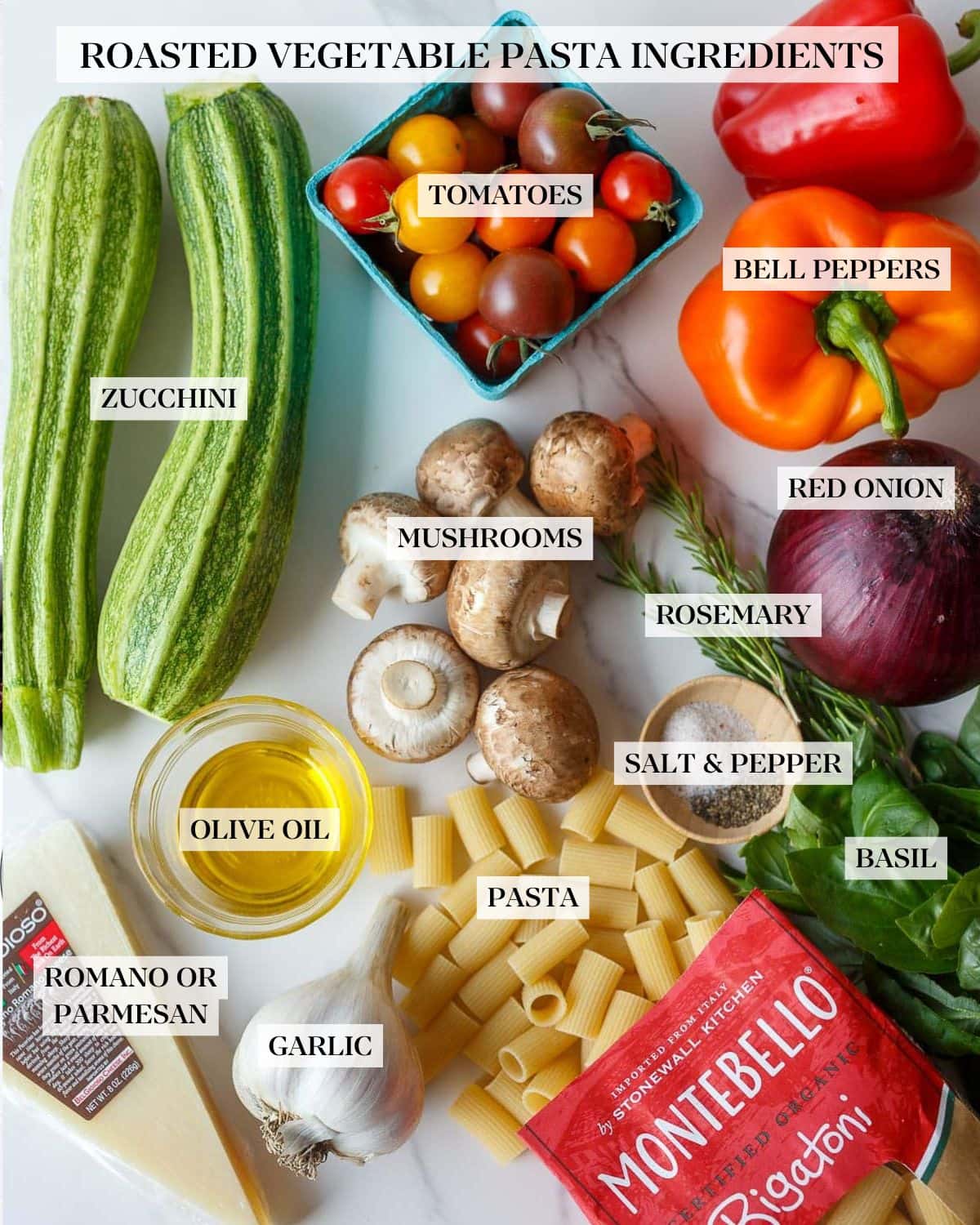 roasted vegetable pasta ingredients labeled - zucchini, tomatoes, bell peppers, red onion, mushrooms, rosemary, salt and pepper, olive oil, pasta, garlic, and romano or parmesan. 