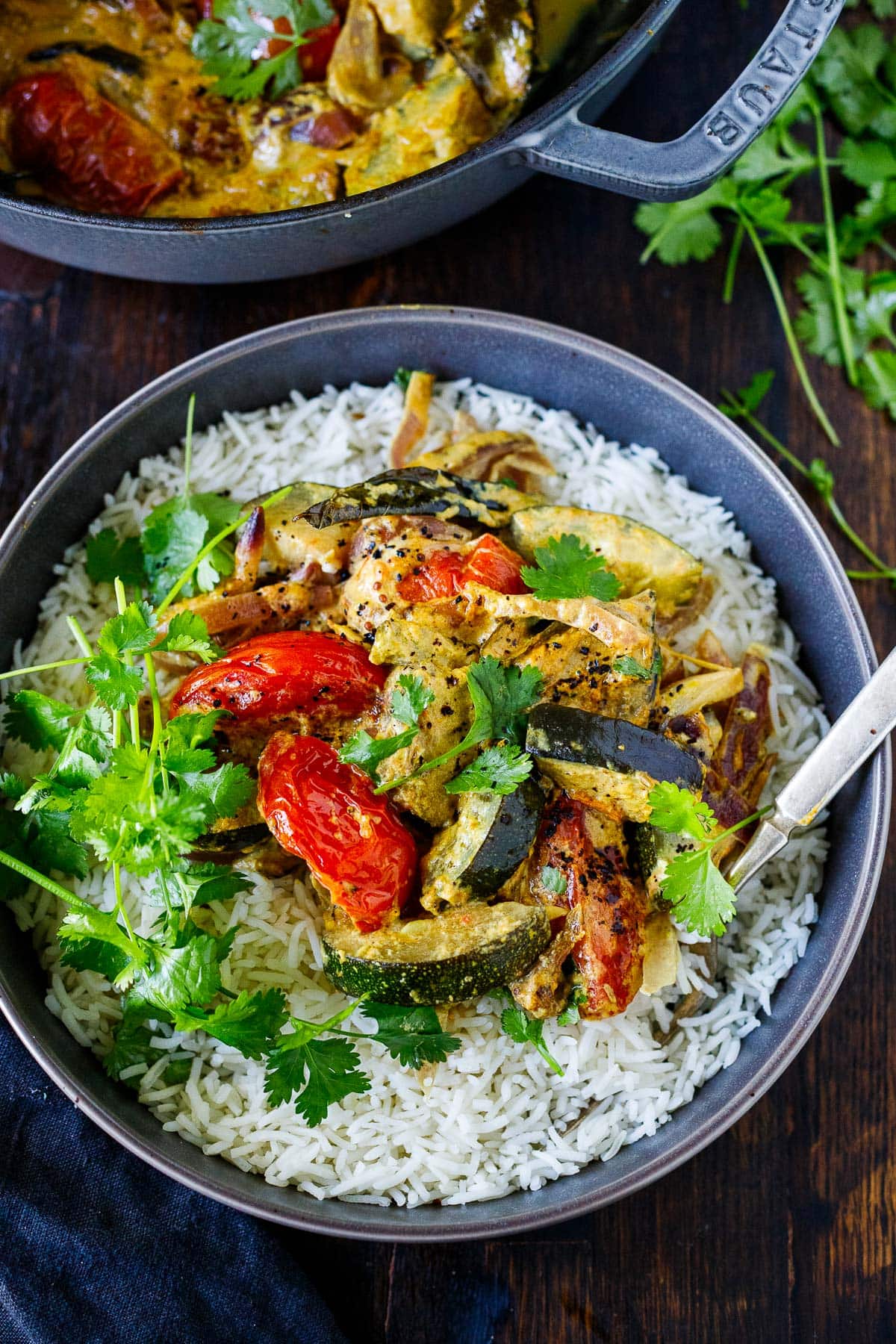 bowl of vegetable curry on basmati rice with fresh cilantro.