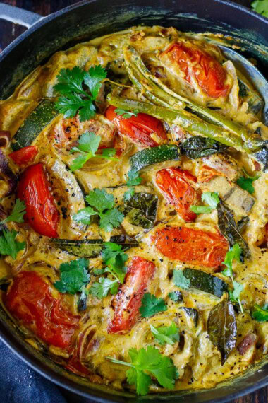 This Indian vegetable curry features end-of-summer vegetables in a fragrant, spice-infused coconut-tamarind curry sauce. Perfect for using up your garden veggies!