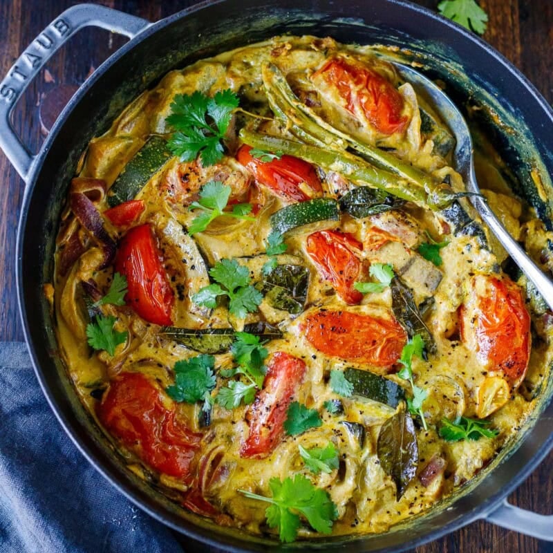 This Indian vegetable curry features end-of-summer vegetables in a fragrant, spice-infused coconut-tamarind curry sauce. Perfect for using up your garden veggies!