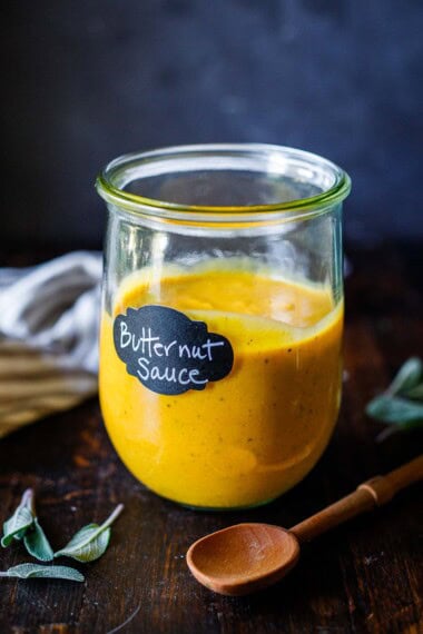 This creamy butternut squash pasta sauce is bursting with fall flavor.  This dairy-free, freezer-friendly sauce delivers cozy depth and luscious, creamy texture.