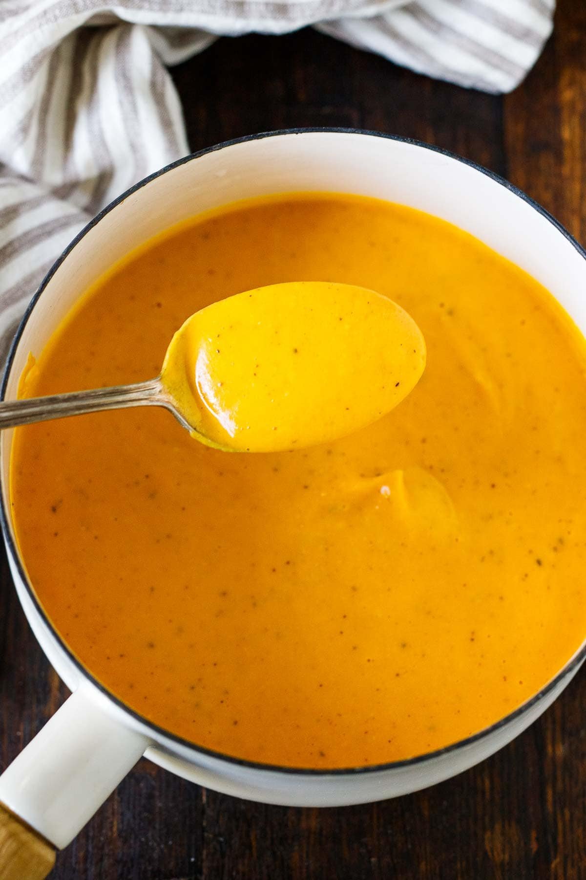 saucepan with butternut squash pasta sauce with spoon holding a spoonful of sauce above the pot.