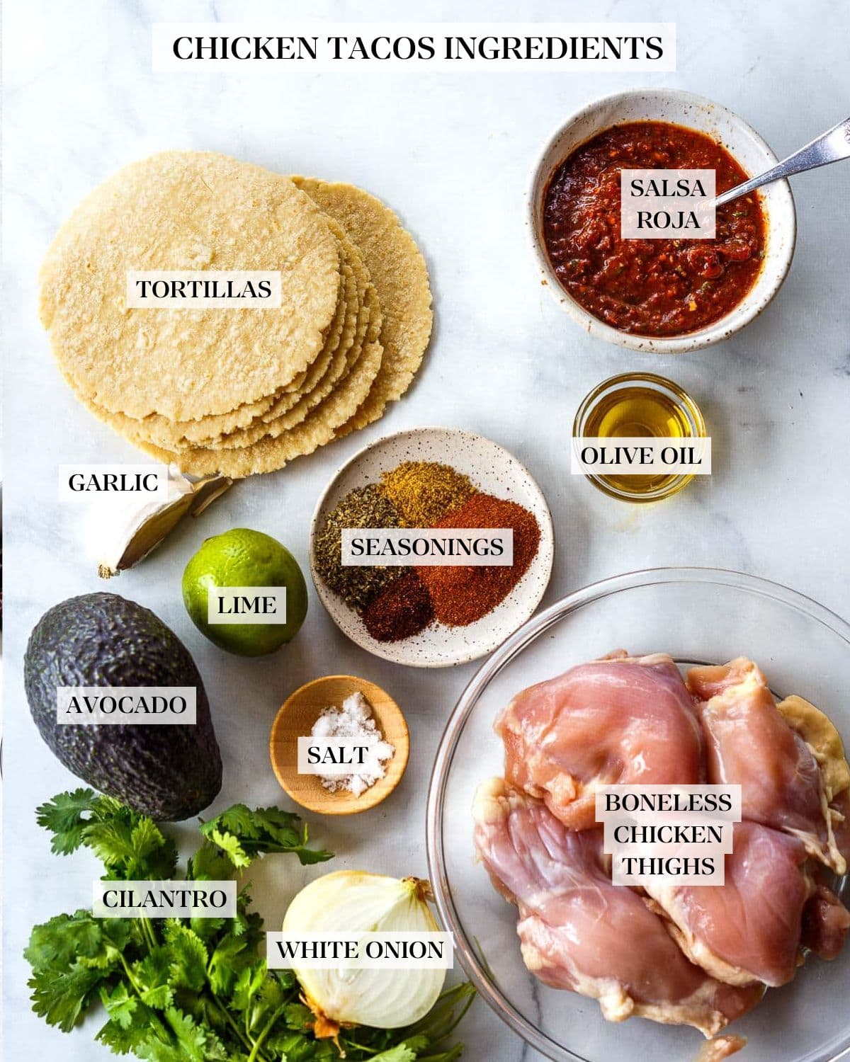 chicken taco ingredients labeled - salsa roja, tortillas, olive oil, garlic, seasonings, lime, avocado, salt, boneless chicken thighs, cilantro, white onion.