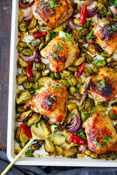 szechuan sheet pan chicken and brussels sprouts