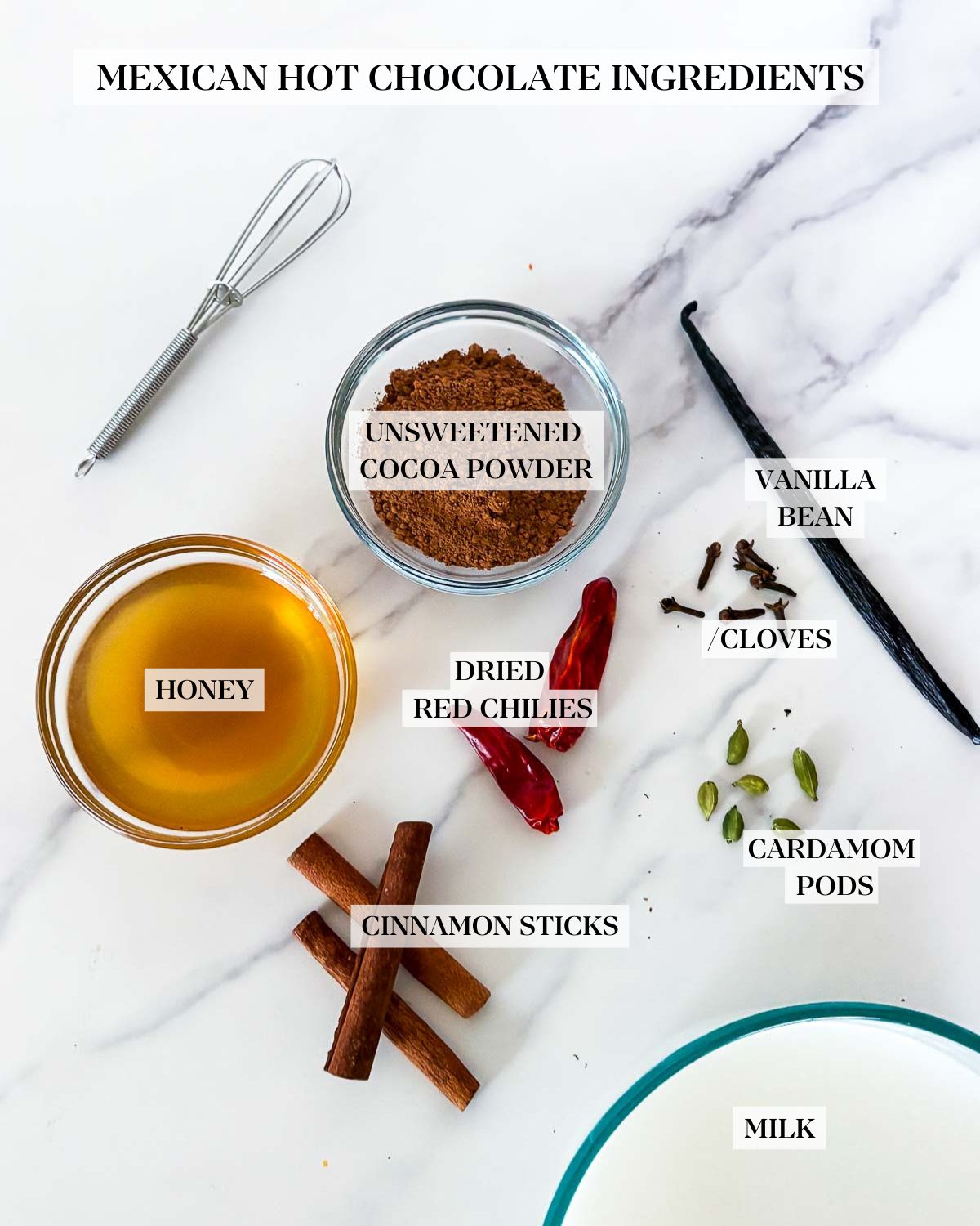 ingredients for Mexican hot chocolate - cacao, honey, cinnamon sticks, dried red chilies, whole cloves, cardamom pods, vanilla bean, and milk.