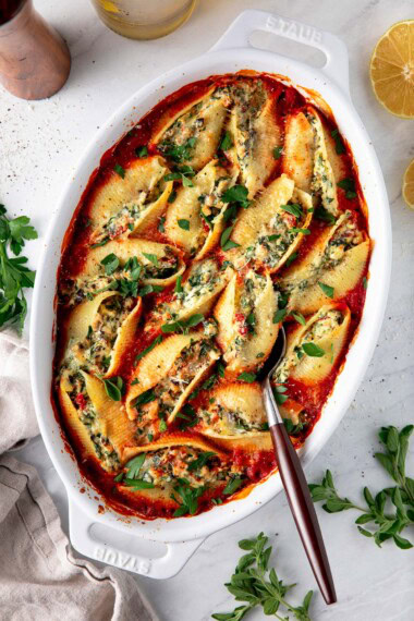 stuffed shells with mushrooms, spinach and ricotta