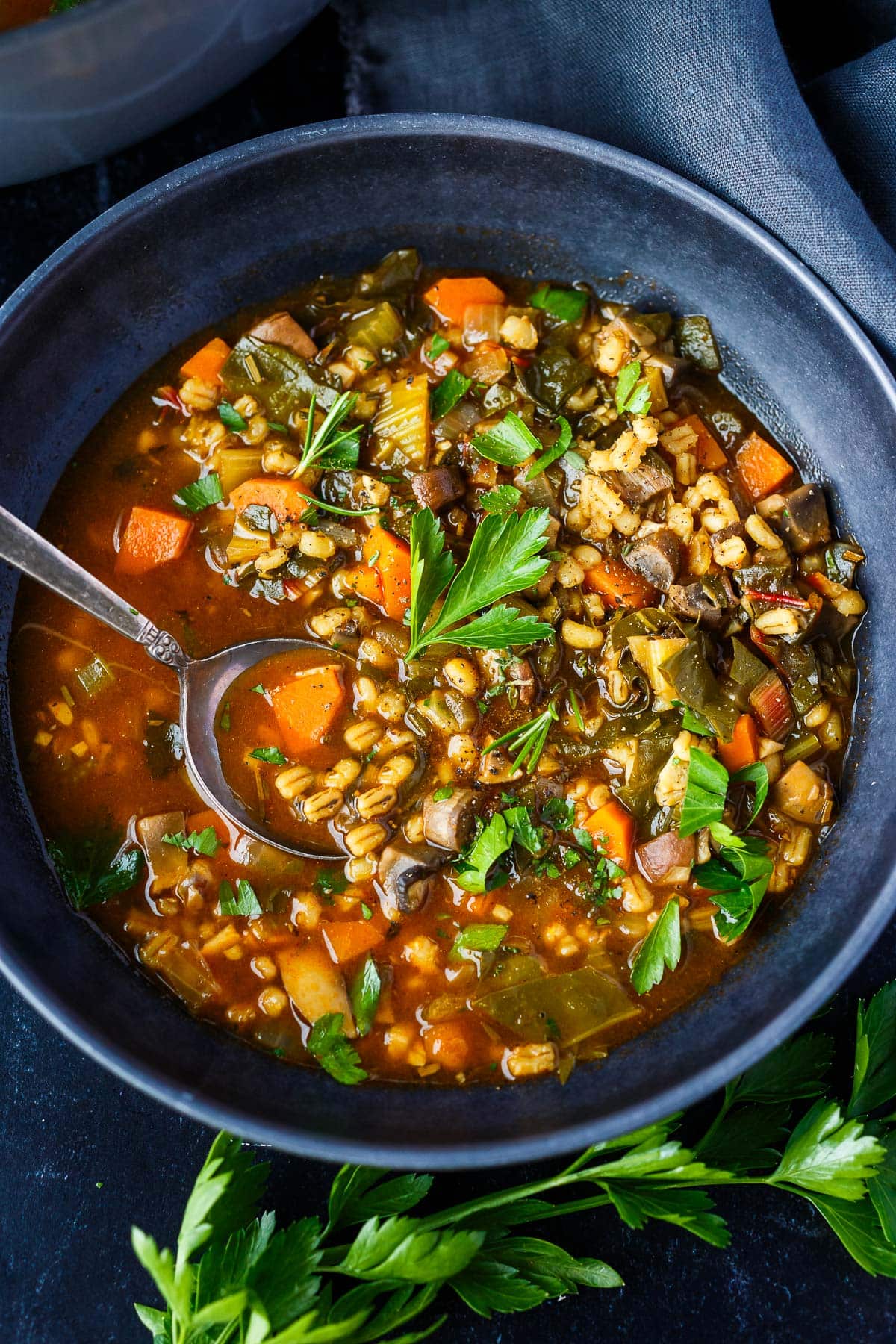 bowl of vegetable barley soup with a spoon, garnished with parsley.