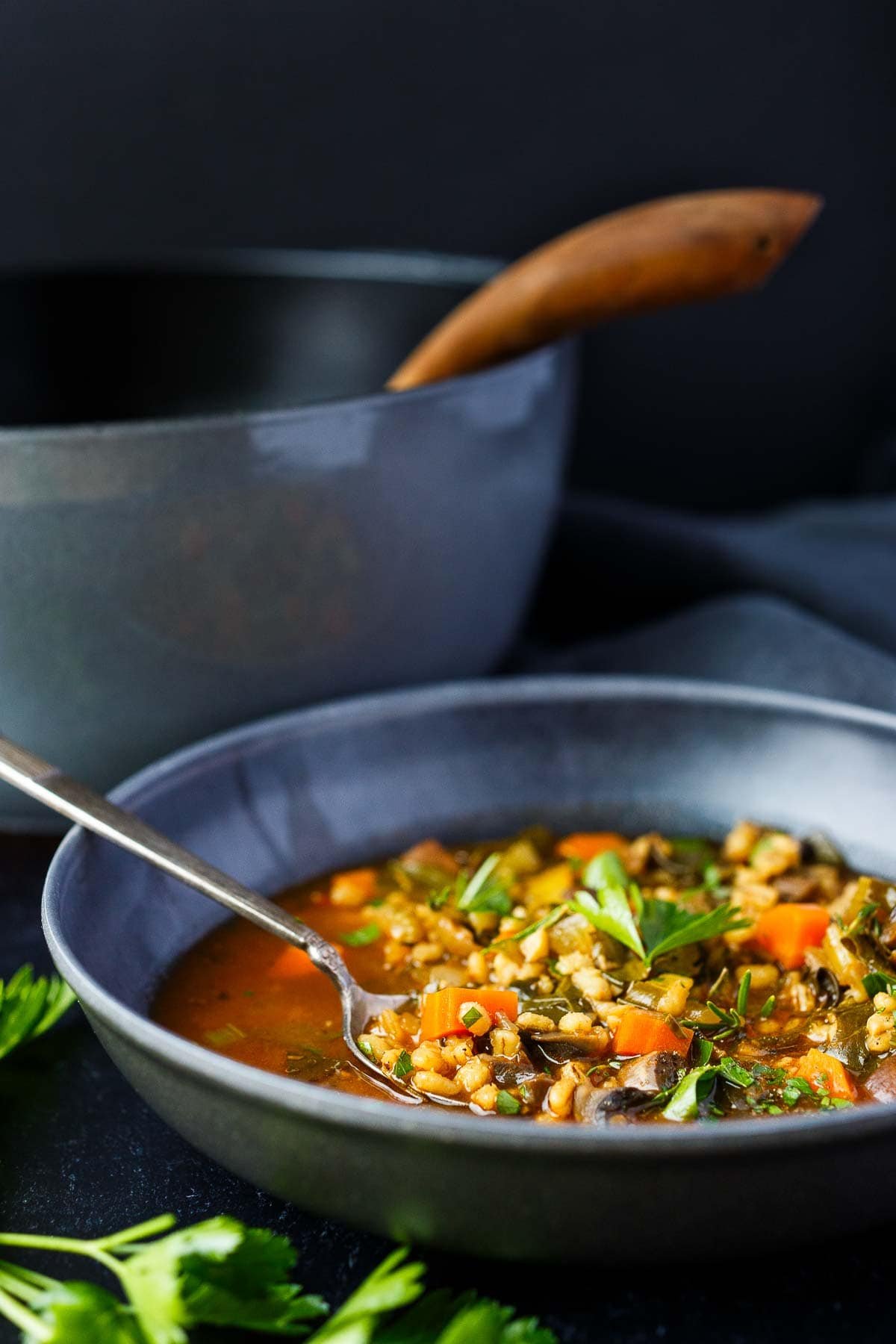 bowl of vegetable barley soup with spoon lifting up some of the carrots and barley, garnished with parsley.