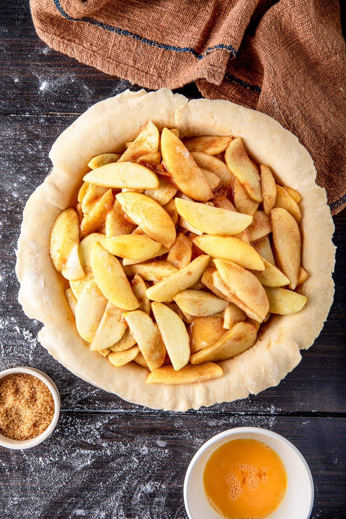 pie pan with bottom pie crust with edges hanging over, filled with sliced apple filling.