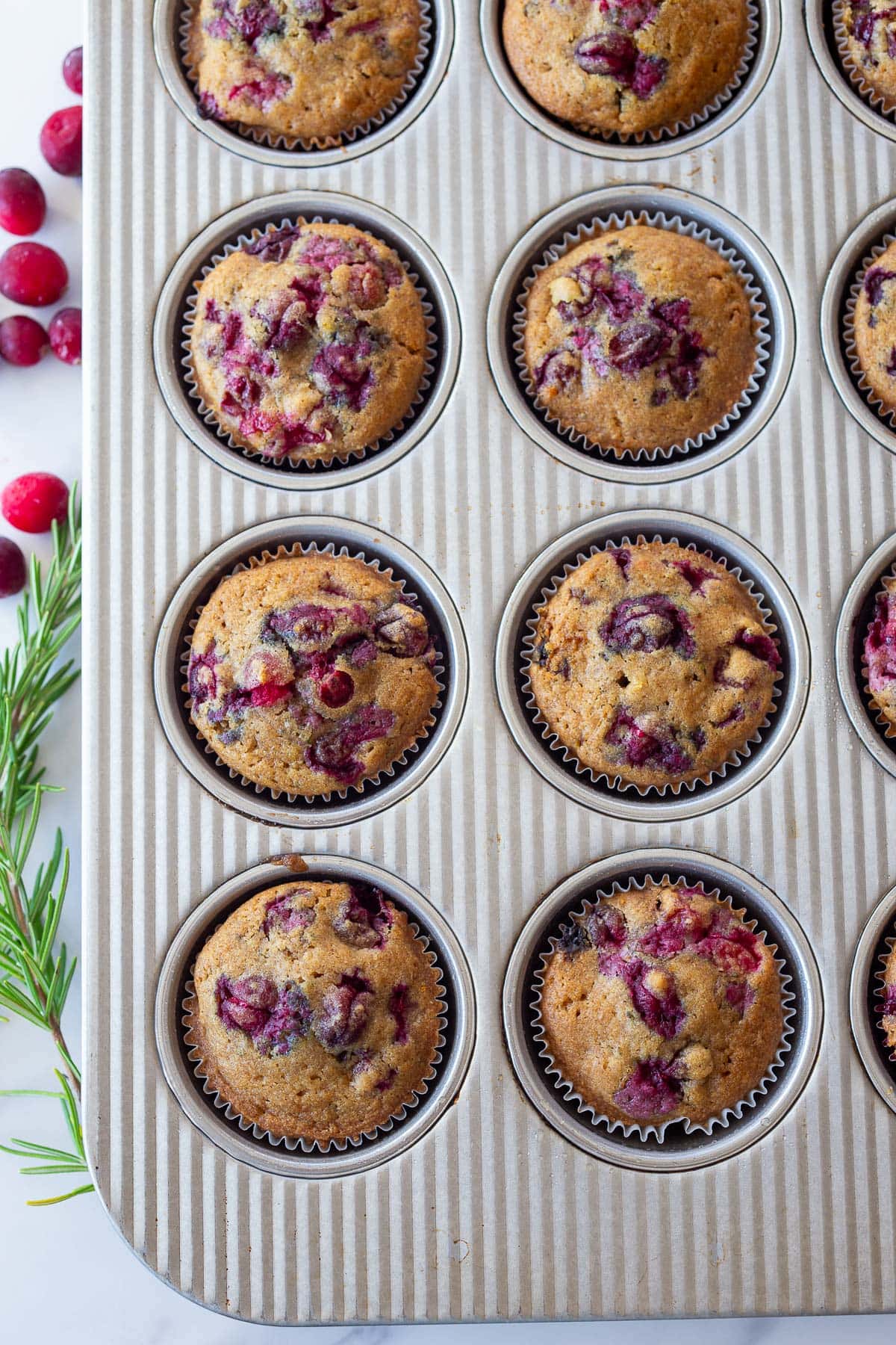 muffins baked in a stainless steel muffin tin.