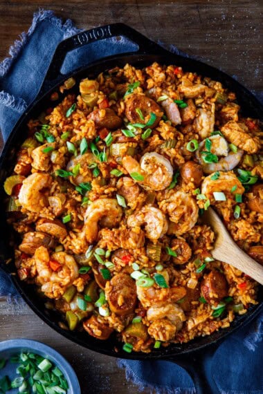 This one-pot jambalaya is packed with chicken, shrimp, healthy veggies, rice, and bold Cajun spices — a comforting, one-pan meal, perfect for meal prep or entertaining a crowd.